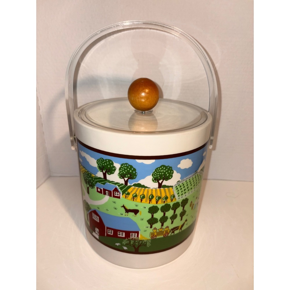 Vintage Folk Art Farm Scene Ice Bucket Insulated Acrylic Handle Wood Knob Lid